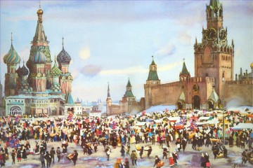 Paisajes Painting - Bazar del Domingo de Ramos en la Plaza Roja 1916 Konstantin Yuon escenas de la ciudad del paisaje urbano